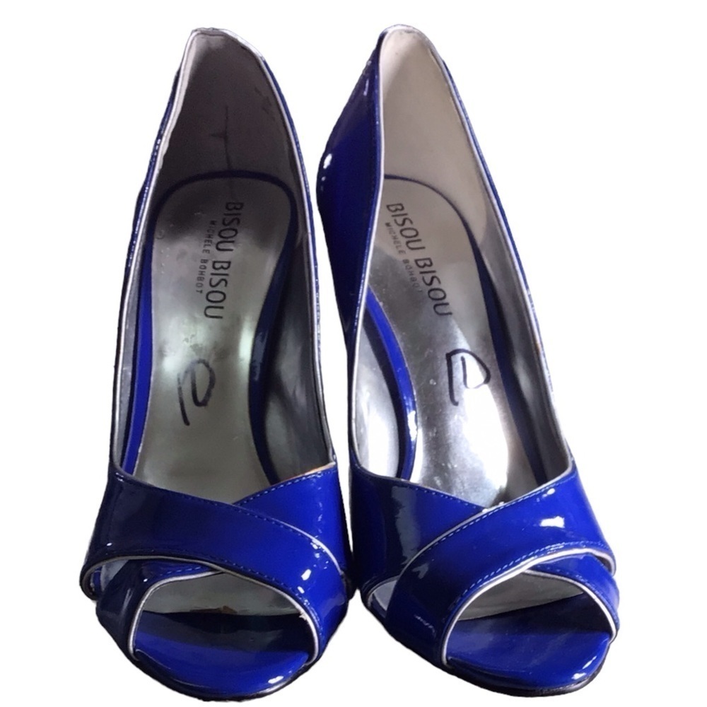 Bisou Bisou  blue peep toe wedge cutout shoes size 7 - Picture 2 of 6
